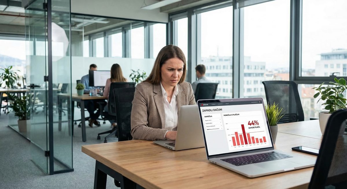 Poslovnež pregleduje zamujene B2B račune in plačilna poročila — statistika 44 % v Sloveniji