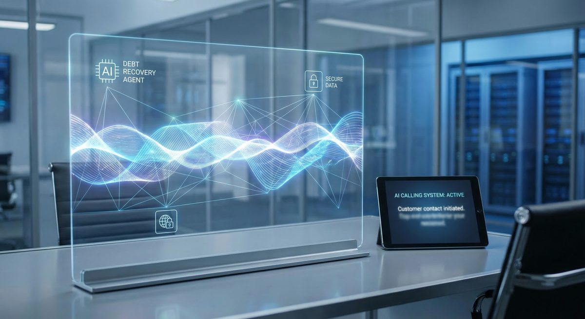Vizualizacija AI glasovnega agenta za izterjavo dolgov — zvočni valovi in podatkovna analiza