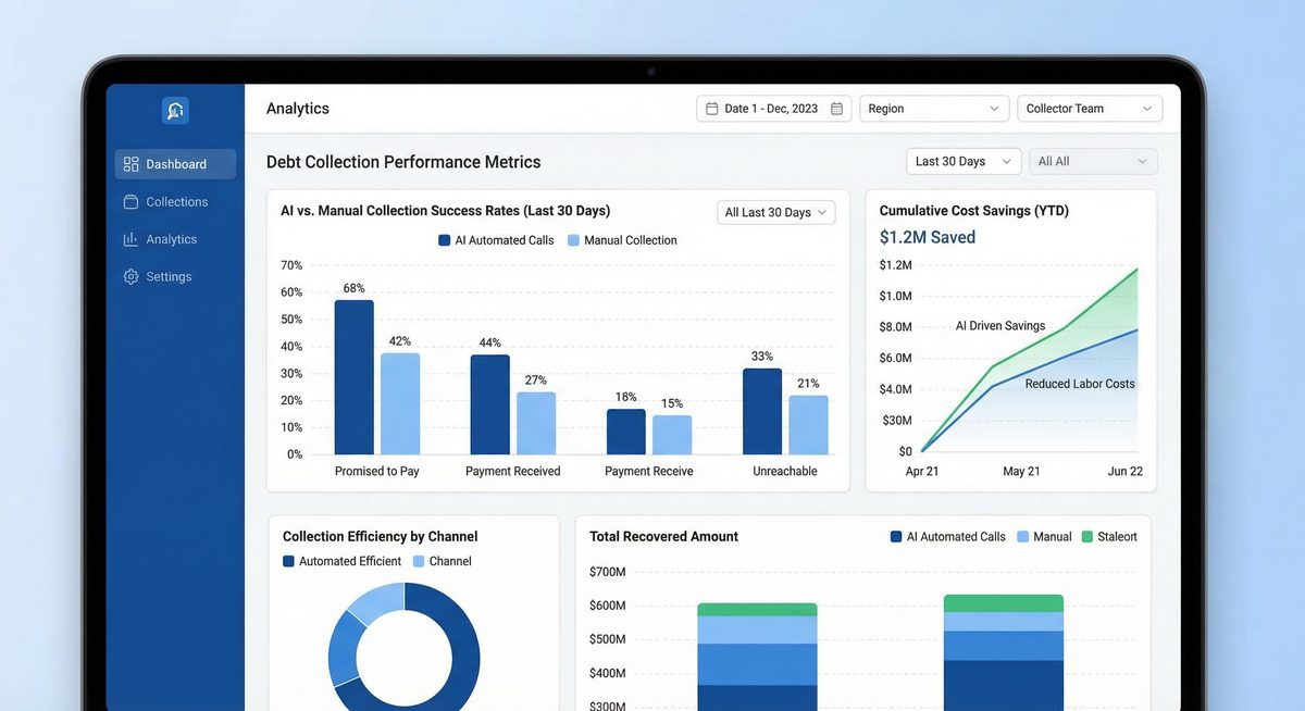 Analitična nadzorna plošča z metrikami izterjave — primerjava uspešnosti AI in ročnih klicev
