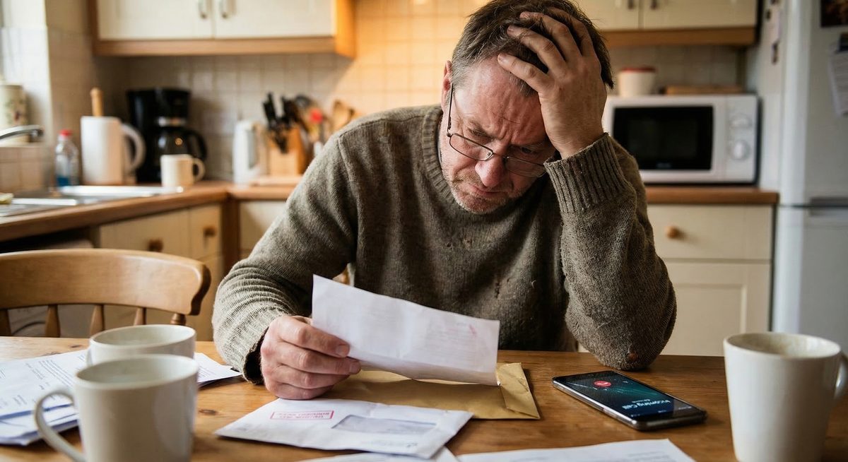 Dolžnik pri mizi pregleduje zamujene račune in pričakuje klic izterjevalca